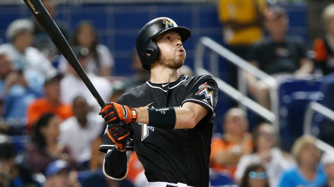 The Miami Marlins’ JT Riddle watched his three-run home run during the third inning against the New York Mets on June 29, 2018, in Miami.