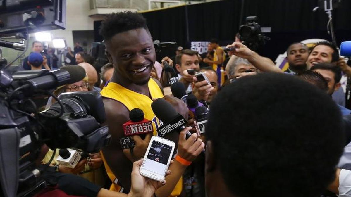 Los Angeles Lakers power forward Julius Randle talks to reporters during the team's media day on Monday, Sept. 26, 2016 at their training facility in El Segundo, Calif.