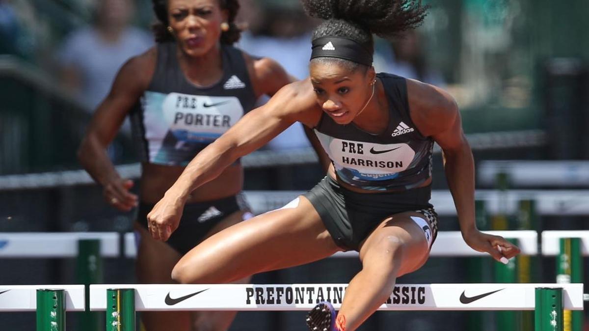 Kendra Harrison, right, cleared the last hurdle ahead of Tiffany Porter, left, and the rest of the field on her way to a win in the women’s 100-meter hurdles at the Prefontaine Classic in Eugene, Ore., on Saturday, May 28, 2016. Her time set a new American record of 12.24 seconds.