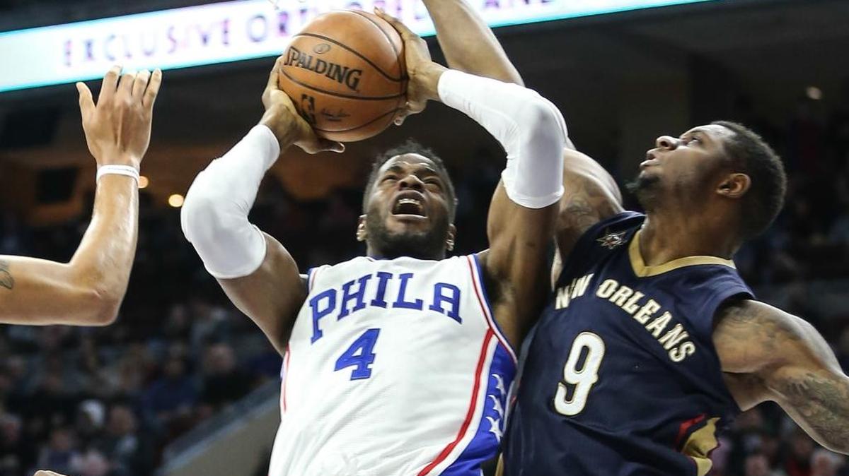 Nerlens Noel (4) worked against fellow ex-Cat Terrence Jones of the New Orleans Pelicans during their game Tuesday night. The Pelicans won, 108-93.