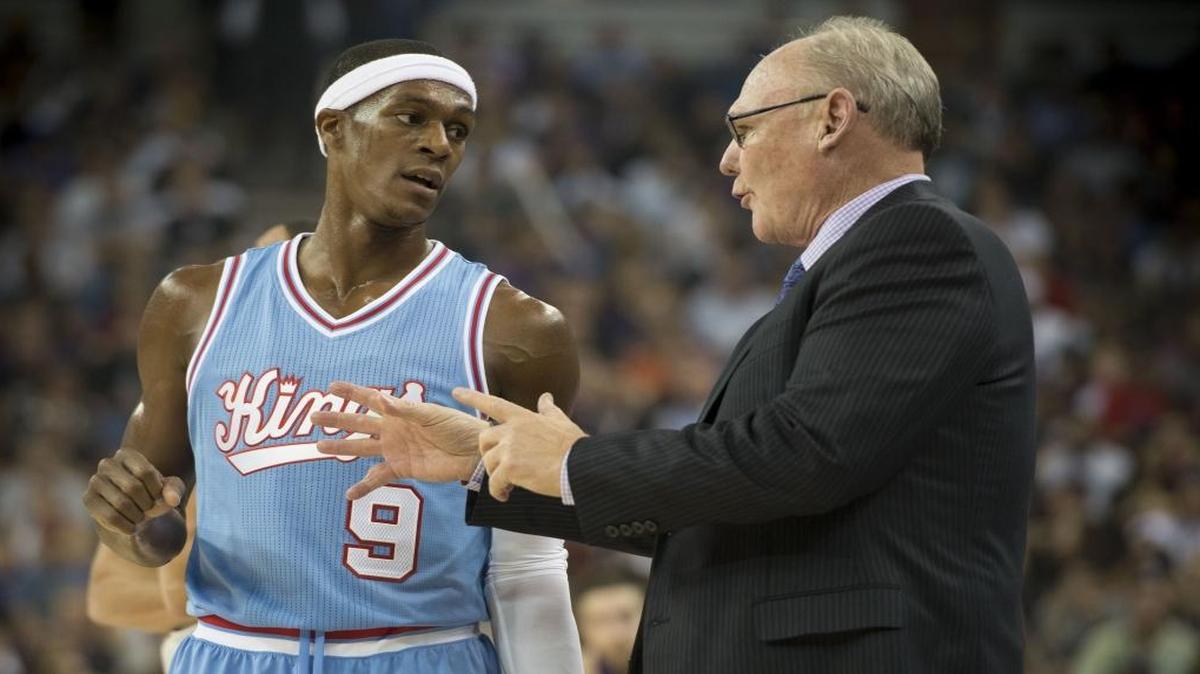 Sacramento Kings guard Rajon Rondo talked with head coach George Karl during their game against the Los Angeles Lakers on Friday, Oct. 30, 2015, at Sleep Train Arena in Sacramento, Calif.