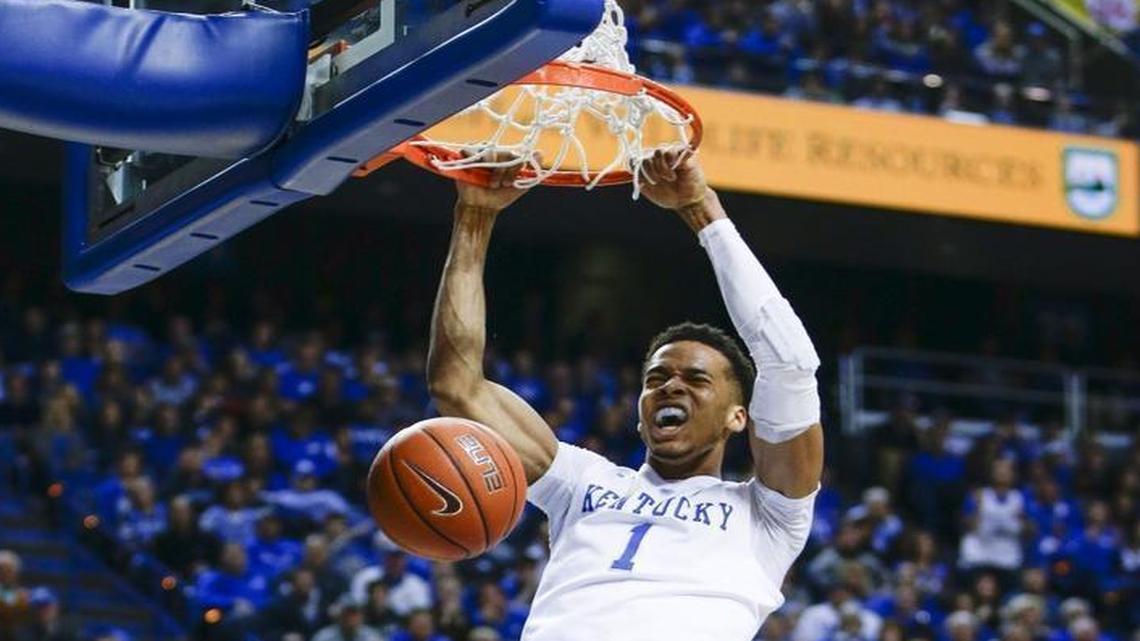 Kentucky forward Skal Labissiere (1) got loose for a dunk over Missouri forward Kevin Puryear (24) on Jan. 27 in Lexington.