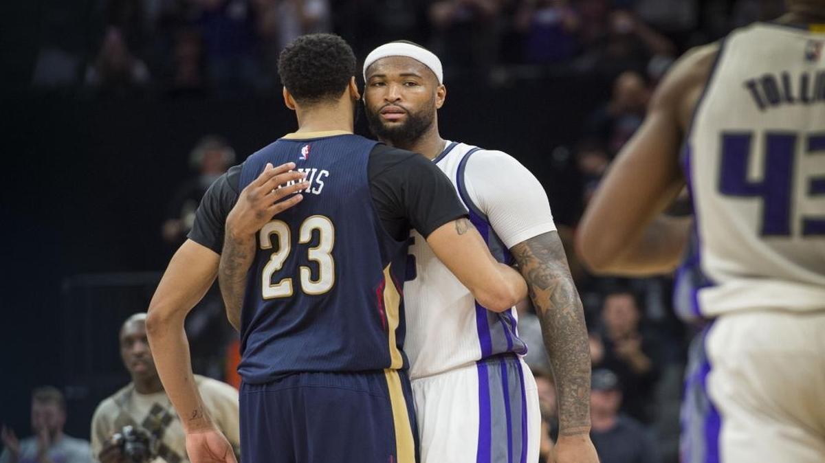Sacramento Kings forward DeMarcus Cousins (15) is congratulated on his team's victory by New Orleans Pelicans forward Anthony Davis (23) during their game at Golden 1 Center in Sacramento, California on Sunday, Feb. 12, 2017.