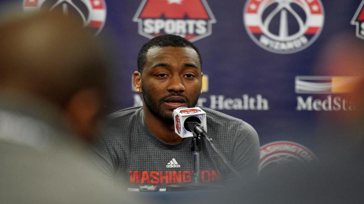 Washington Wizards guard John Wall spoke during a media availability on April 13, 2016, in Washington.