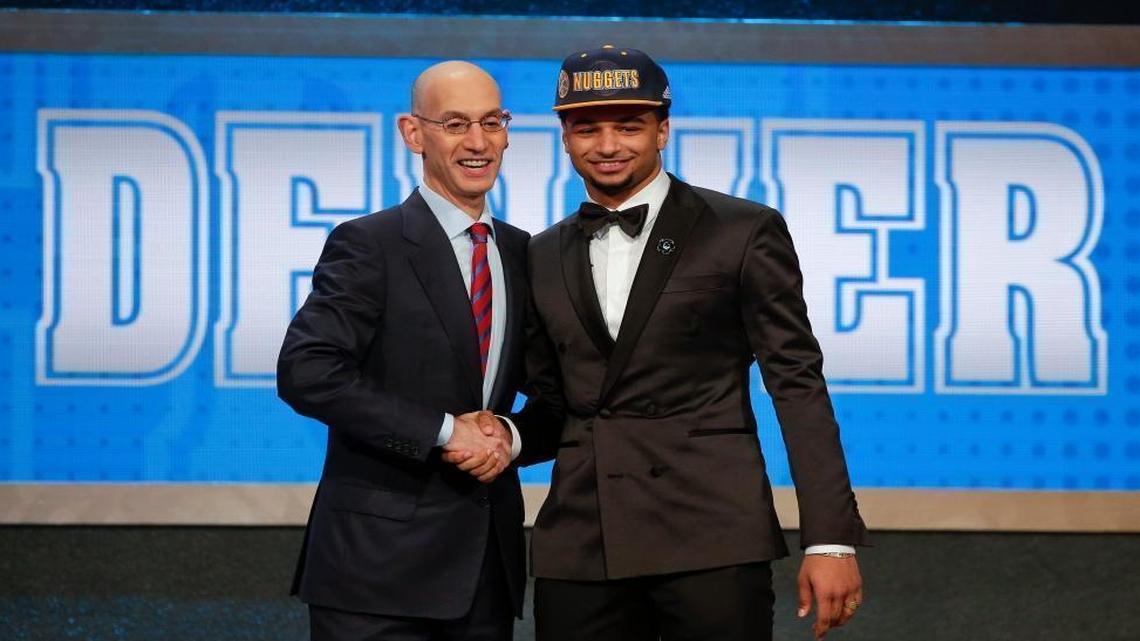 Jamal Murray, right, posed for a photo with NBA Commissioner Adam Silver after being selected seventh overall by the Denver Nuggets during the NBA Draft, Thursday, June 23, 2016, in New York.