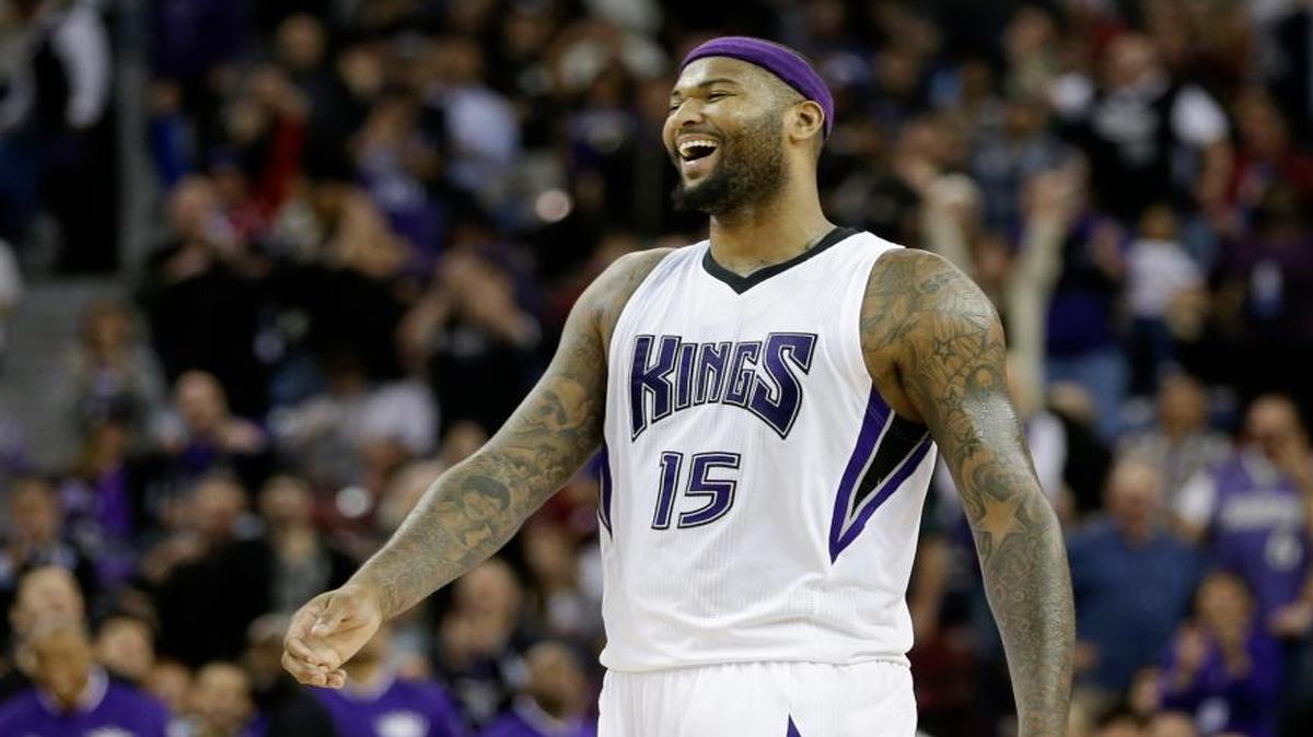 Sacramento Kings forward DeMarcus Cousins celebrated after teammate Rudy Gay scored on a dunk against the Houston Rockets on Dec. 15, 2015.