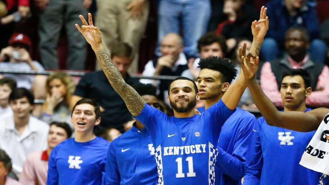 Kentucky guard Mychal Mulder celebrated with teammates during their 67-58 win over Alabama on Feb. 11, 2017, in Tuscaloosa, Ala.