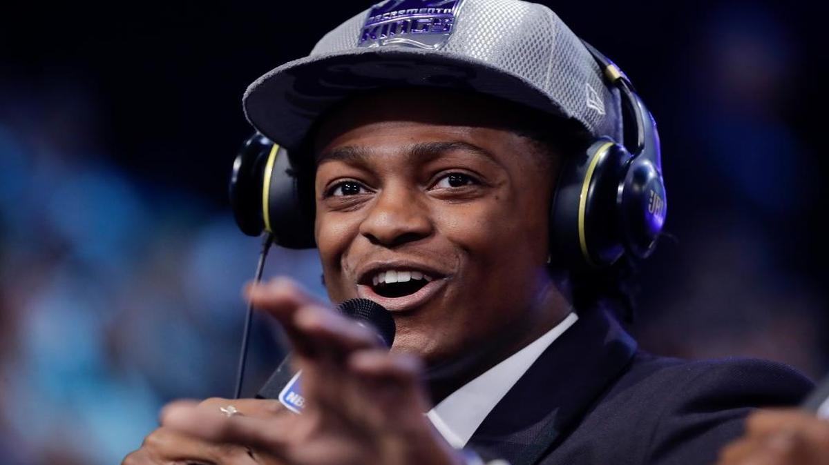 De' Aaron Fox answers questions during an interview after being selected by the Sacramento Kings as the fifth pick overall during the NBA basketball draft, Thursday, June 22, 2017, in New York.