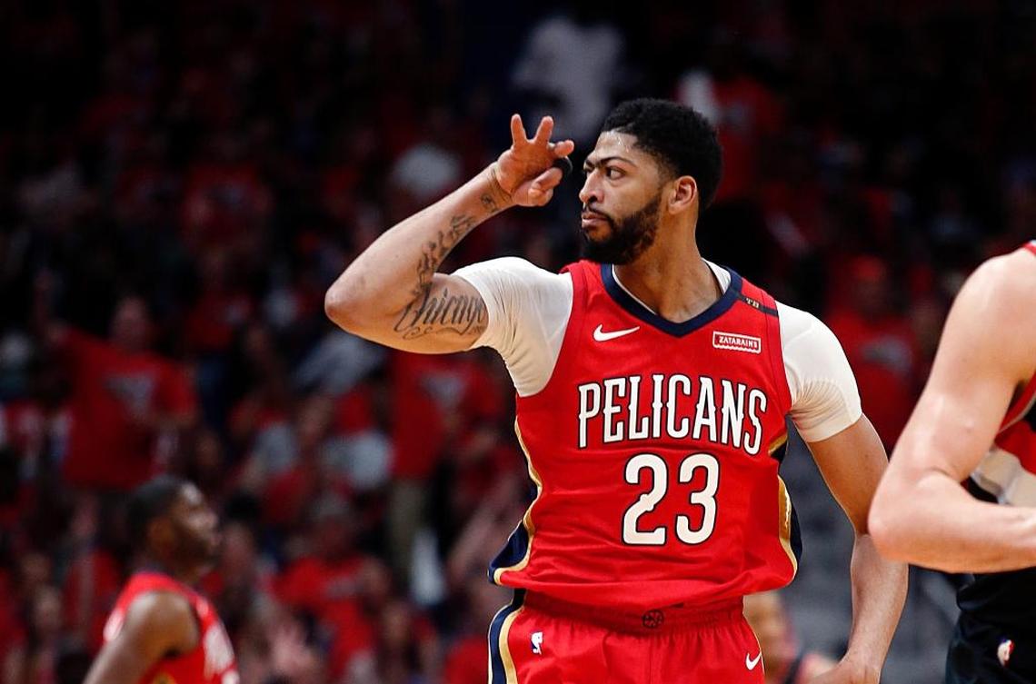 Pelicans forward Anthony Davis reacted after making a three-point shot during the first half of Game 4 of the team’s first-round NBA playoff series against the Trail Blazers in New Orleans on Saturday.