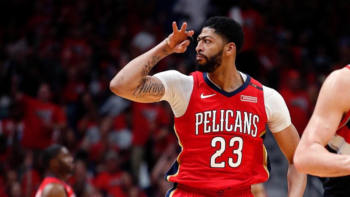 Pelicans forward Anthony Davis reacted after making a three-point shot during the first half of Game 4 of the team’s first-round NBA playoff series against the Trail Blazers in New Orleans on Saturday.
