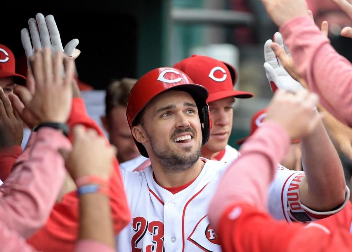 The Cincinnati Reds’ Adam Duvall celebrated in the dugout after hitting a home run on May 6