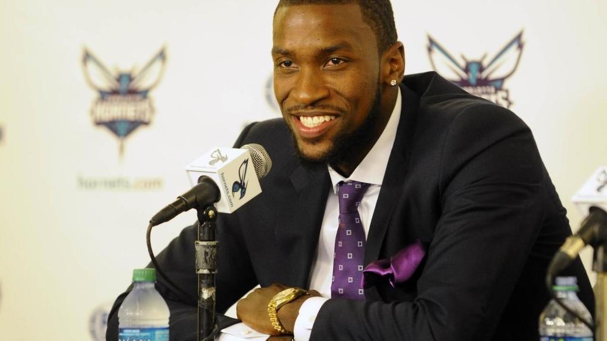 The Charlotte Hornets’ Michael Kidd-Gilchrist smiled as he spoke to the media during a news conference announcing a contract extension on Aug. 26, 2015.