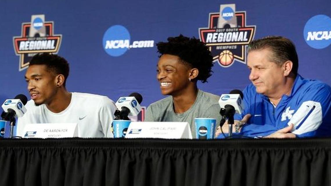 Kentucky’s Derek Willis, left, Bam Adebayo, Isaiah Briscoe, Malik Monk, De’Aaron Fox and Coach John Calipari spoke at an NCAA Tournament news conference on March 25 in Memphis.