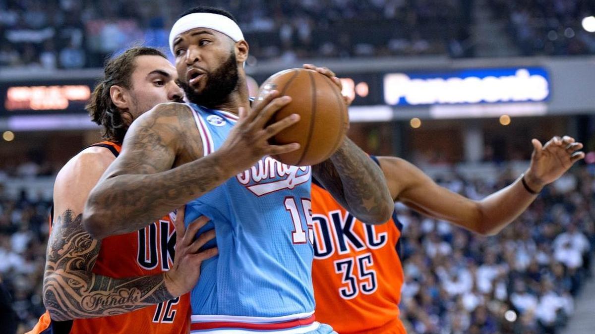The Kings’ DeMarcus Cousins backed in on the Thunder’s Steven Adams during his team’s last game at Sleep Train Arena in Sacramento, Calif., on April 9, 2016.