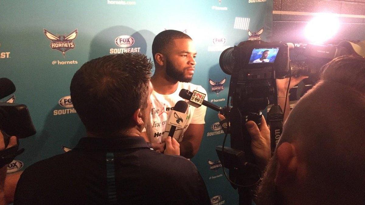 The Hornets’ Aaron Harrison spoke to the media on Tuesday in Charlotte, N.C.