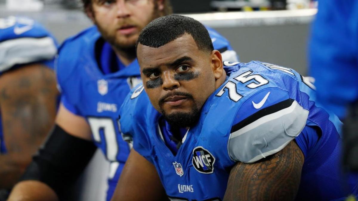 Detroit Lions guard Larry Warford is seen on the bench during the second half of an NFL football game against the Tennessee Titans, Sunday, Sept. 18, 2016, in Detroit.