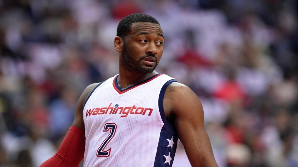 Washington Wizards guard John Wall (2) looks on during the first half in Game 2 of a first-round NBA basketball playoff series against the Atlanta Hawks, Wednesday, April 19, 2017, in Washington.
