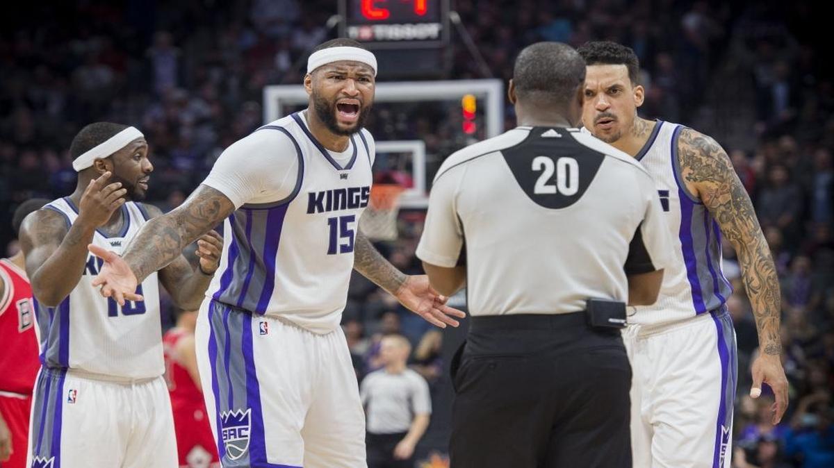 Sacramento Kings forward DeMarcus Cousins (15) and teammate Sacramento Kings forward Matt Barnes (22) react to a technical foul called on them by referee Leroy Richardson (20) in the end of the third quarter against the Chicago Bulls during their game at Golden 1 Center in Sacramento, California on Monday, February 6, 2017.