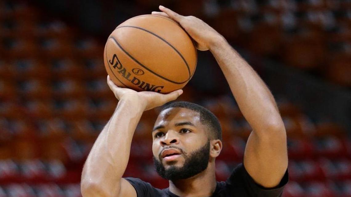 Charlotte Hornets guard Aaron Harrison warms up before the start of an NBA basketball game against the Miami Heat, Friday, Oct. 28, 2016, in Miami.