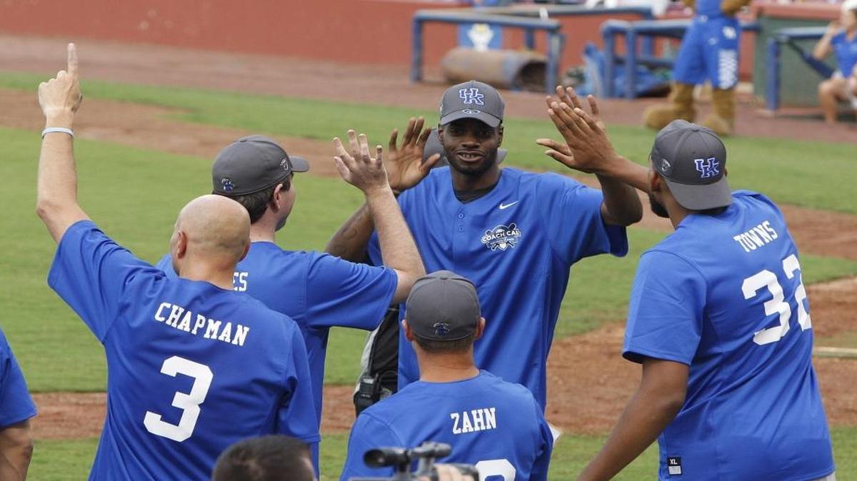 Nerlens Noel celebrated with his teammates after scoring a run during the Coach Cal Celebrity Softball Classic at Whitaker Bank Ballpark in Lexington on Sunday, Aug. 28, 2016.