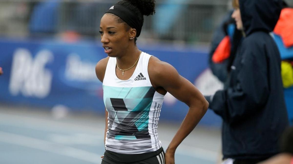 Kendra Harrison walked off the track after winning the women’s 100-meter hurdles at the Drake Relays athletics meet on Saturday, April 30, 2016, in Des Moines, Iowa.