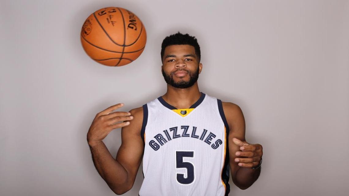 Memphis Grizzlies guard Andrew Harrison poses for a picture on NBA basketball media day Monday, Sept. 26, 2016, in Memphis.