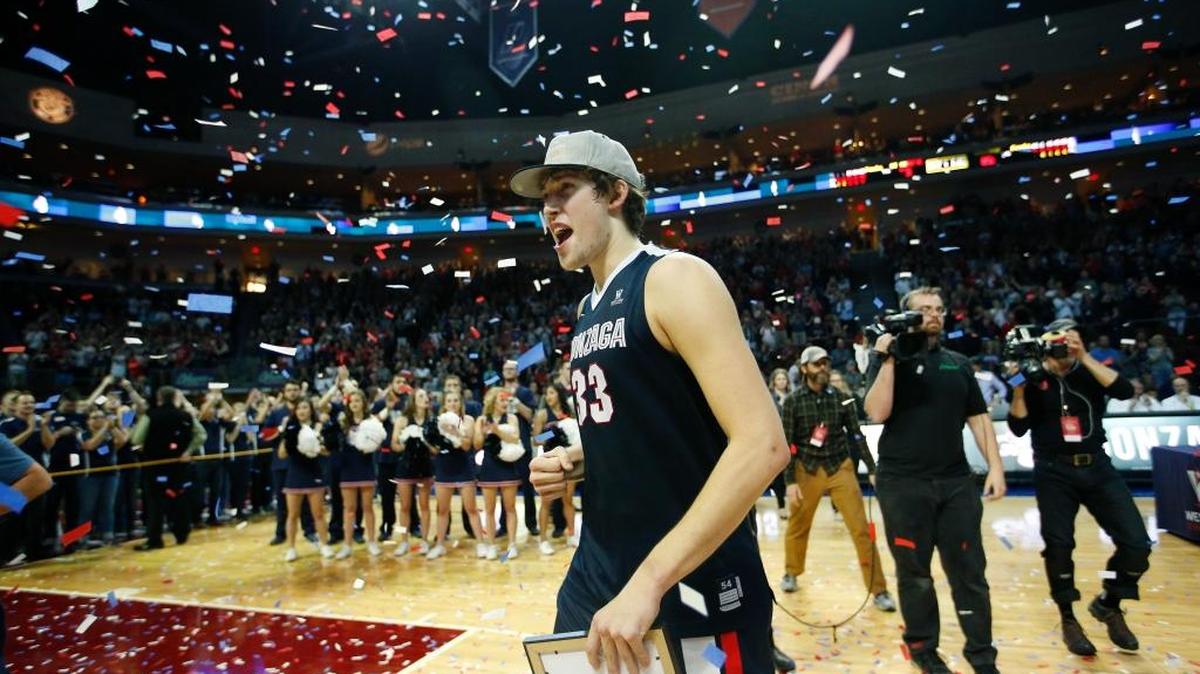 Gonzaga forward Kyle Wiltjer celebrated after being named MVP following West Coast Conference men’s tournament finals against Saint Mary’s on Tuesday, March 8, 2016, in Las Vegas. Gonzaga won 85-75.