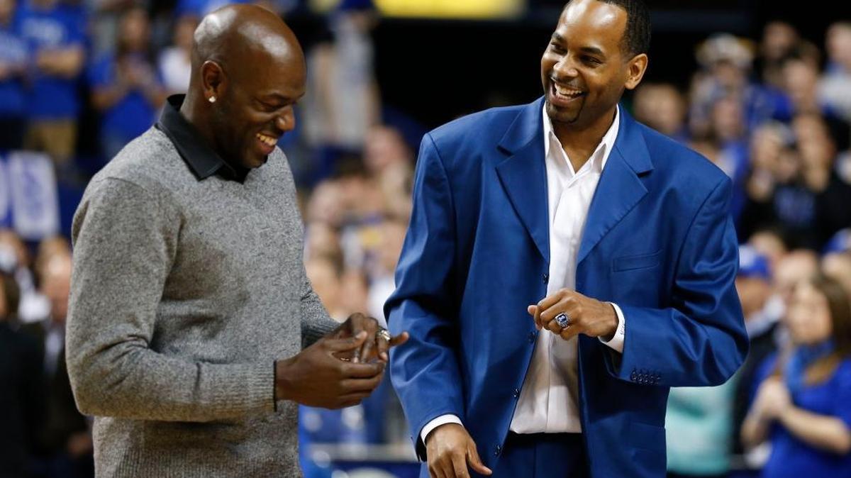 Former Kentucky stars Tony Delk, left and Derek Anderson were honored at Rupp Arena in 2013 during a ring ceremony for the 1996 national championship team. Anderson will coach the Bluegrass Boys, a team of former Kentucky stars, in a national tournament this summer.