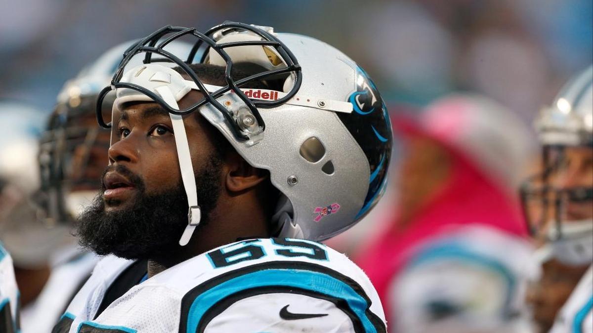 Carolina Panthers' Garry Williams (65) on the sidelines against the Seattle Seahawks during the second quarter of an NFL football game in Charlotte, N.C., Sunday, Oct. 7, 2012. The Seahawks won 16-12.