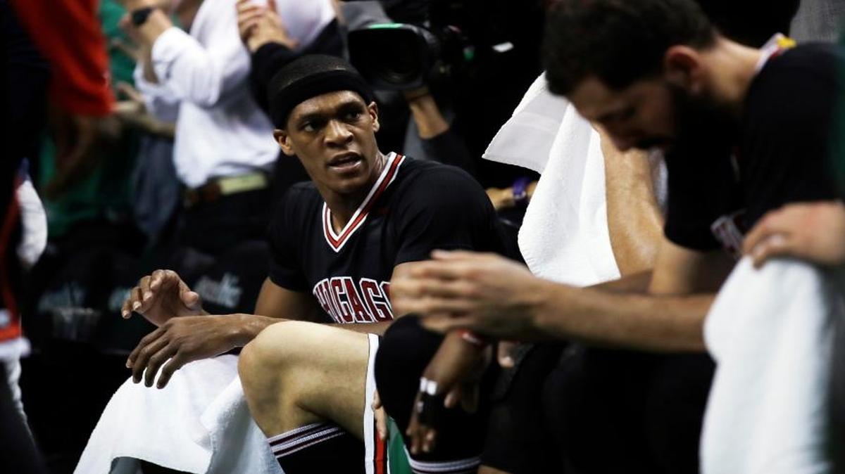 Chicago Bulls guard Rajon Rondo (9) on the bench during the second quarter of a first-round NBA playoff basketball game in Boston, Tuesday, April 18, 2017.