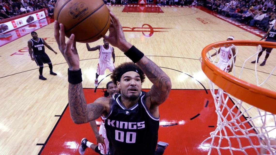 Sacramento Kings' Willie Cauley-Stein (00) goes up for a shot against the Houston Rockets during the second half of an NBA basketball game, Wednesday, Dec. 14, 2016, in Houston. The Rockets won 132-98.