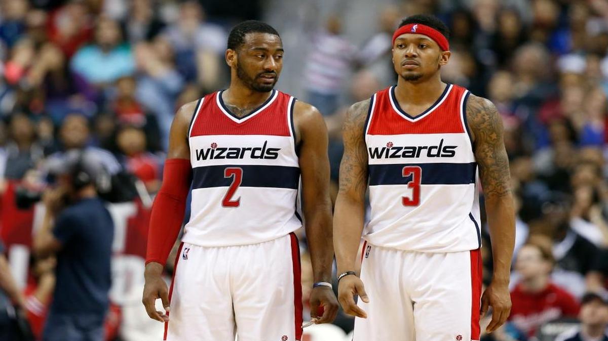 Washington guards John Wall (2) and Bradley Beal (3) walked on the court during a game against the Minnesota Timberwolves on March 25, 2016.
