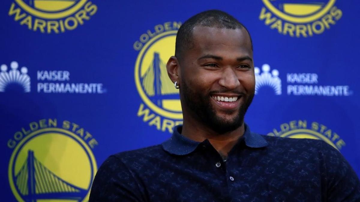 DeMarcus Cousins spoke to reporters at a media conference on July 19, 2018, in Oakland, Calif. Cousins signed a one-year, $5.3 million deal with the Golden State Warriors.