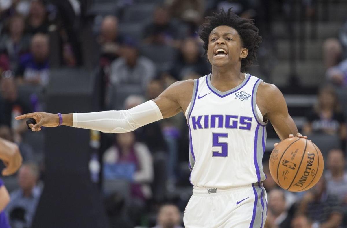 Sacramento Kings guard De’Aaron Fox (5) calls out a play against the San Antonio Spurs in their preseason game on Monday, Oct. 2, 2017, at Golden 1 Center in Sacramento, Calif.