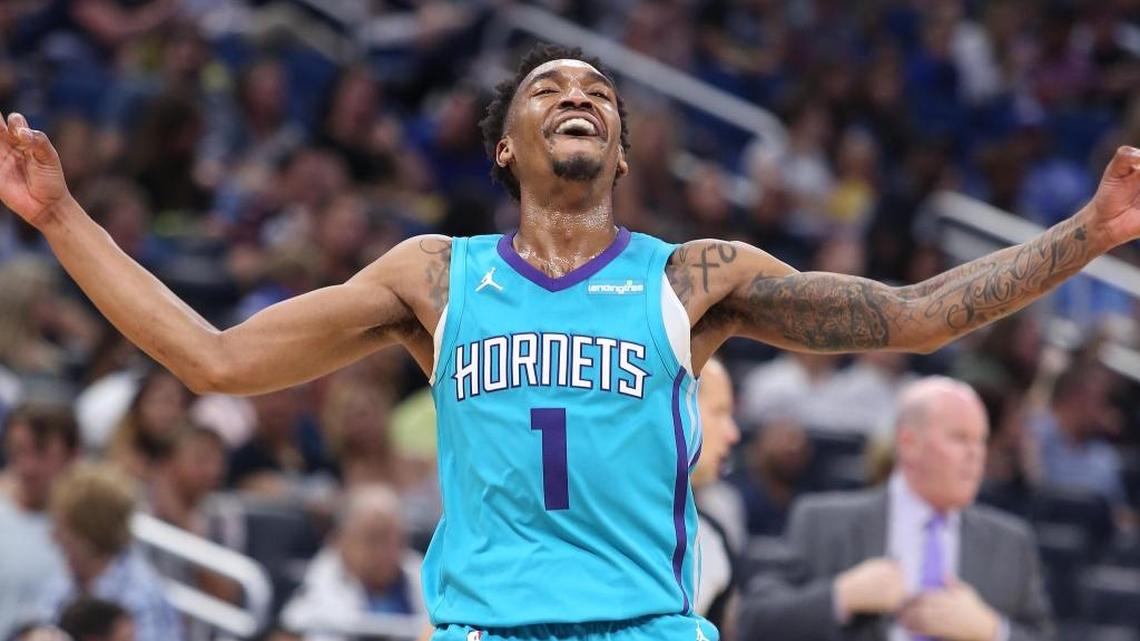 The Charlotte Hornets' Malik Monk celebrates during a 137-100 win against the Orlando Magic at the Amway Center in Orlando, Fla., on Friday, April 6, 2018.