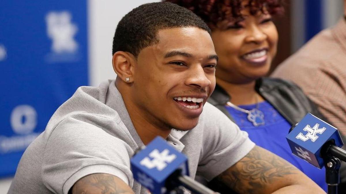 University of Kentucky guard Tyler Ulis announced he will enter this year’s NBA Draft during an afternoon news conference in Memorial Coliseum in Lexington on April 6. To his right was his mom, Kelly Reed, and stepdad Andre Reed.
