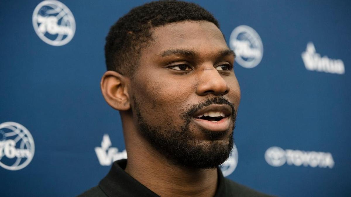 The Philadelphia 76ers' Alex Poythress speaks with members of the media at the team's NBA basketball training facility in Camden, N.J., Thursday, April 13, 2017.