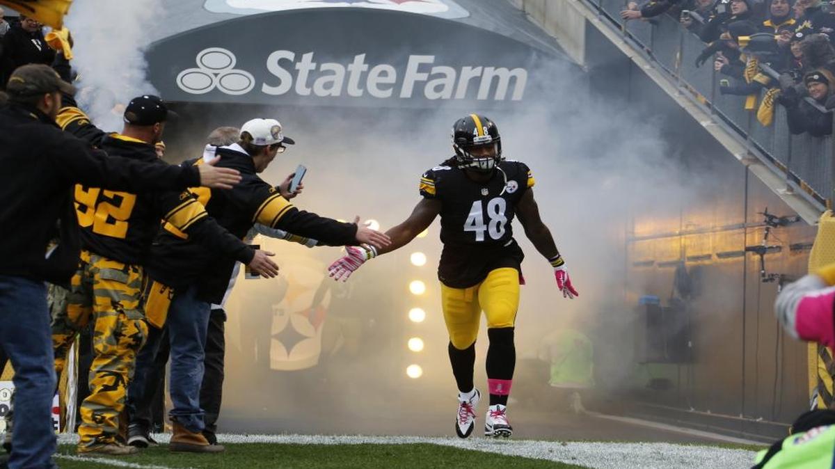 Pittsburgh Steelers linebacker Bud Dupree (48) was introduced before an NFL football game against the Arizona Cardinals on Oct. 18, 2015, in Pittsburgh.