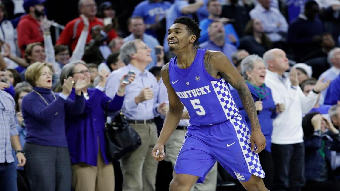 Kentucky’s Malik Monk celebrated after scoring against North Carolina during the second half on Saturday, Dec. 17, 2016, in Las Vegas. Kentucky won 103-100.