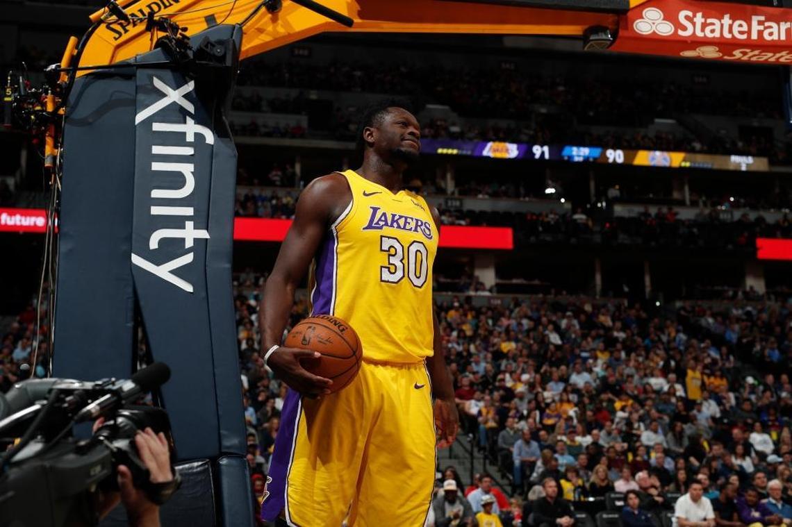 Los Angeles Lakers forward Julius Randle (30) in the second half of an NBA basketball game Friday, March 9, 2018, in Denver. The Nuggets won 125-116.