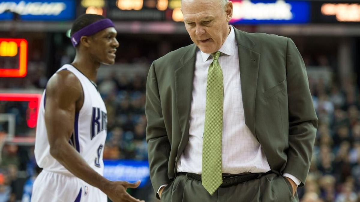 Kings Coach George Karl walked on the court at the end of the third quarter as his team trailed the 76ers 85-81 at Sleep Train Arena on Dec. 30, 2015.
