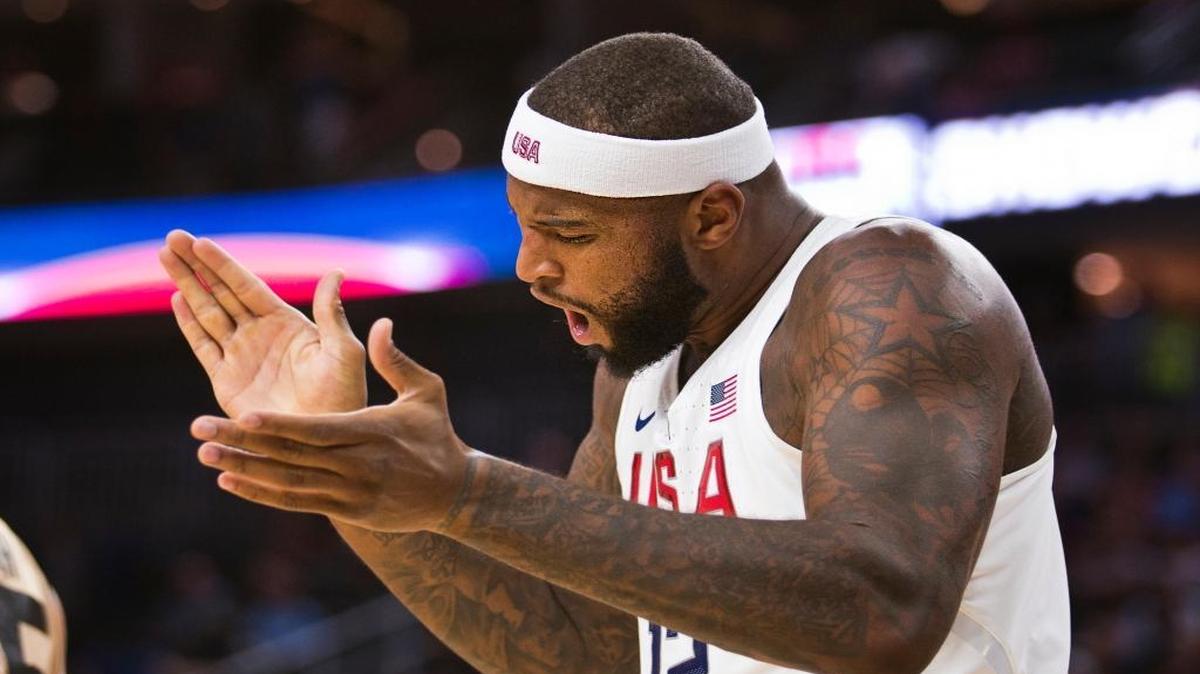 United States' DeMarcus Cousins (12) celebrates a basket against Argentina during an exhibition basketball game Friday, July 22, 2016, in Las Vegas.