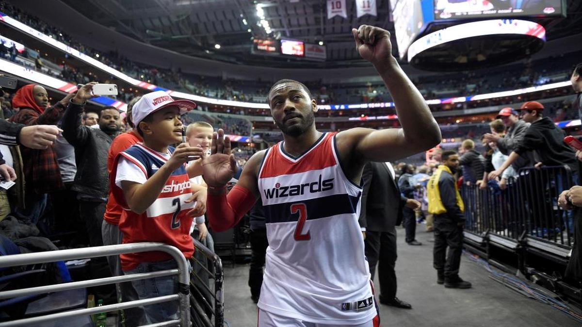 Washington Wizards guard John Wall left the court and gestured after the team's game against the New Orleans Pelicans on Feb. 4. The Wizards won 105-91.