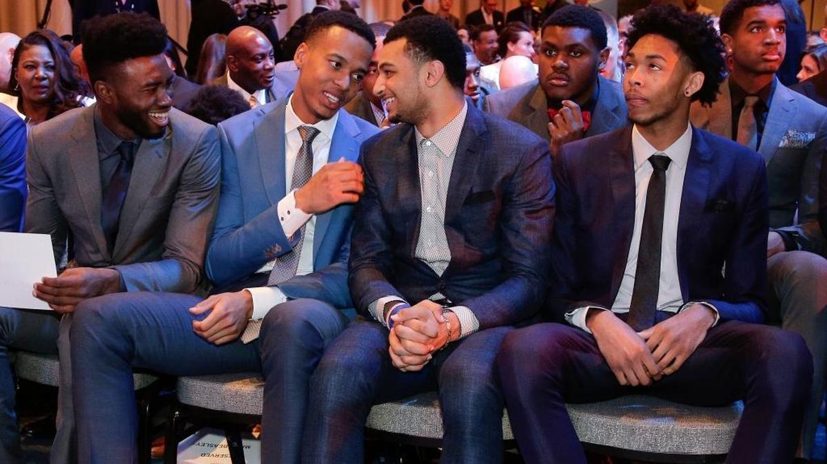 From left, prospects Jaylen Brown, Skal Labissiere, Jamal Murray and Brandon Ingram talked before the start of the NBA Draft lottery on Tuesday, May 17, 2016, in New York.