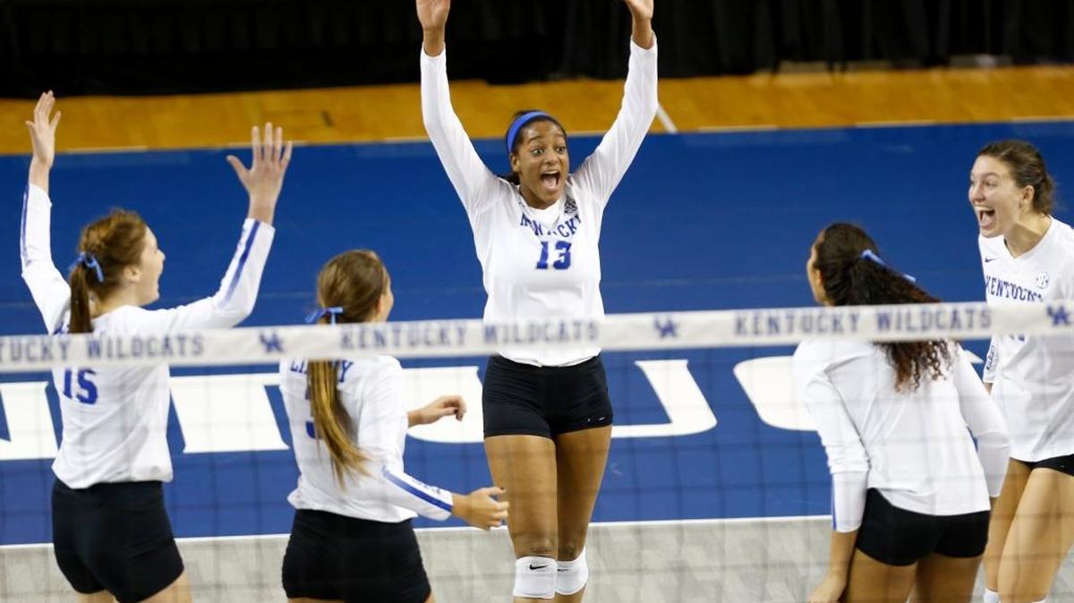 The Kentucky volleyball team celebrated after a point against Western Kentucky during the NCAA Tournament in Memorial Coliseum.