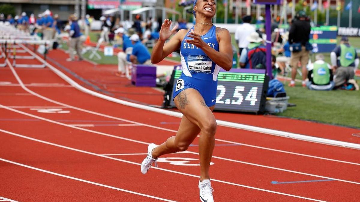 Kentucky's Jasmine Camacho-Quinn reacts after winning the women's 100-meter hurdles at the NCAA outdoor track and field championships in Eugene, Ore., Saturday, June 11, 2016.