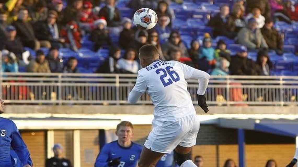 UK's JJ Williams heads against Creighton in the second round of the NCAA Men's National Soccer Championship at the Wendell and Vickie Bell Soccer Complex in Lexington, Ky., Sunday, November 20, 2016.