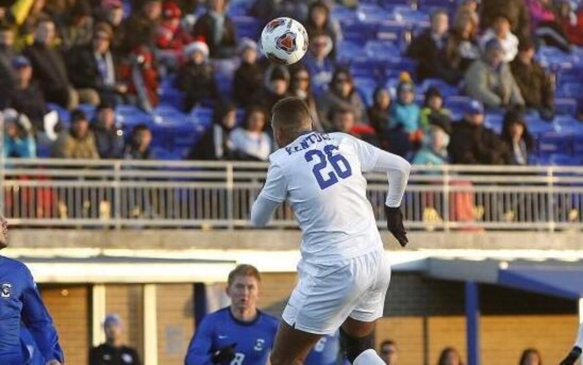 UK's JJ Williams heads against Creighton in the second round of the NCAA Men's National Soccer Championship at the Wendell and Vickie Bell Soccer Complex in Lexington, Ky., Sunday, November 20, 2016.