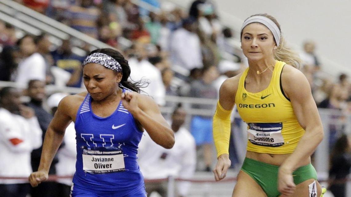 Oregon’s Hannah Cunliffe wins the women's 60-meter dash over Kentucky's Javianne Oliver during the NCAA Indoor Track and Field Championships. Cunliffe will not run in the Outdoor Championships because of a hamstring injury. (AP Photo/Michael Wyke)