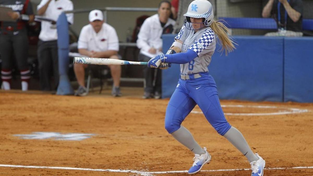 UK’s Erin Rethlake hits a single in the first inning against Arkansas at John Cropp Stadium in Lexington, Ky., Friday, March 24, 2017.